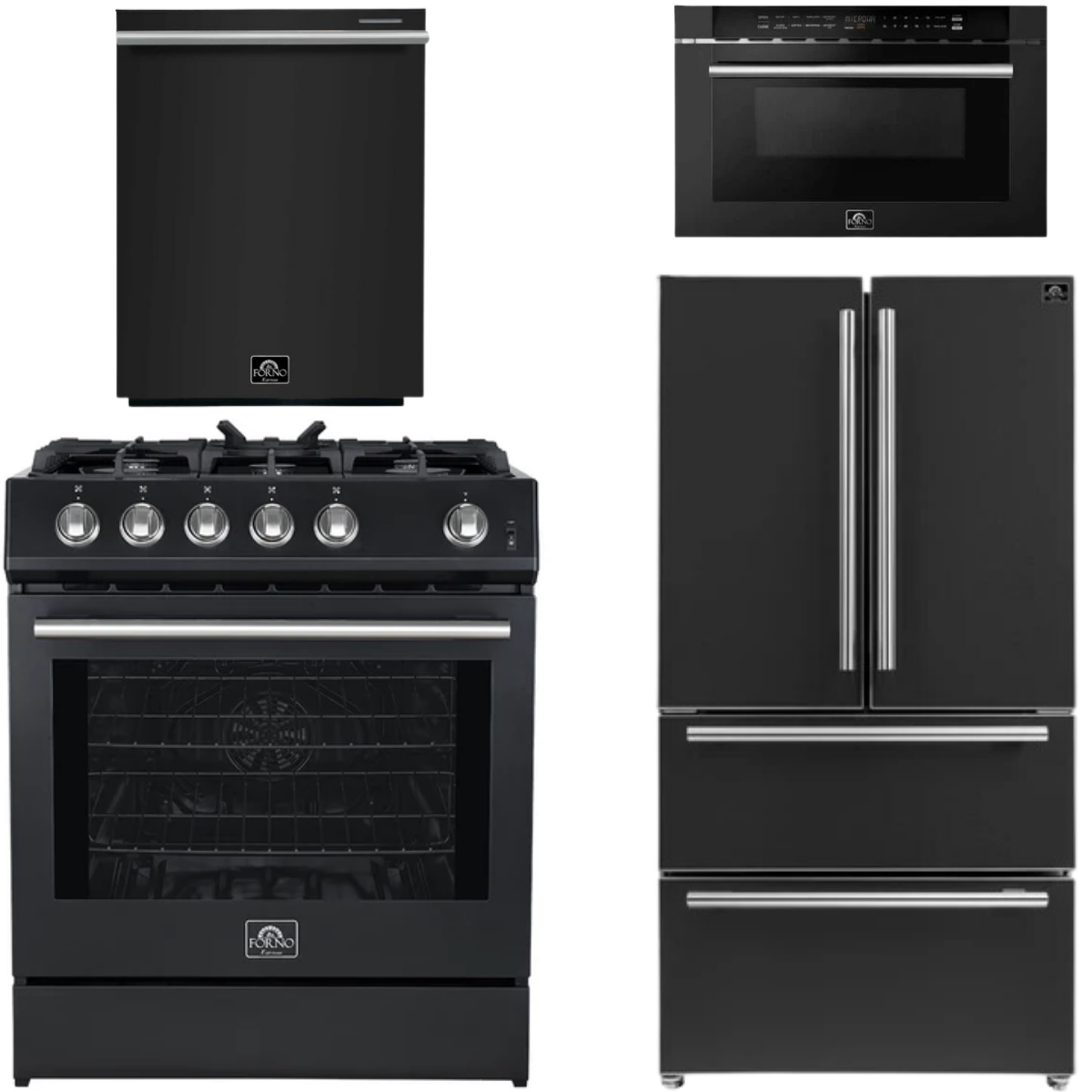 FORNO Espresso Package - 30" Gas Range, 36" Refrigerator with Ice Maker, Dishwasher and 24" Microwave Drawer in Black with Stainless Steel Accents