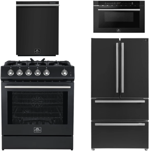 FORNO Espresso Package - 30" Gas Range, 36" Refrigerator with Ice Maker, Dishwasher and 24" Microwave Drawer in Black with Stainless Steel Accents