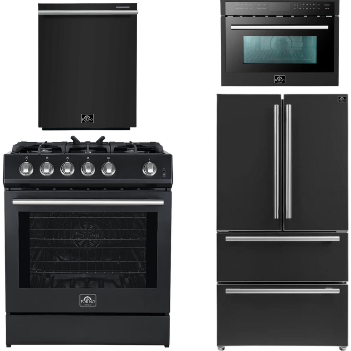 FORNO Espresso Package - 30" Gas Range, 36" Refrigerator with Ice Maker, Dishwasher and 24" Microwave Oven in Black with Stainless Steel Accents