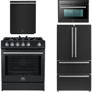 FORNO Espresso Package - 30" Gas Range, 36" Refrigerator with Ice Maker, Dishwasher and 24" Microwave Oven in Black with Stainless Steel Accents
