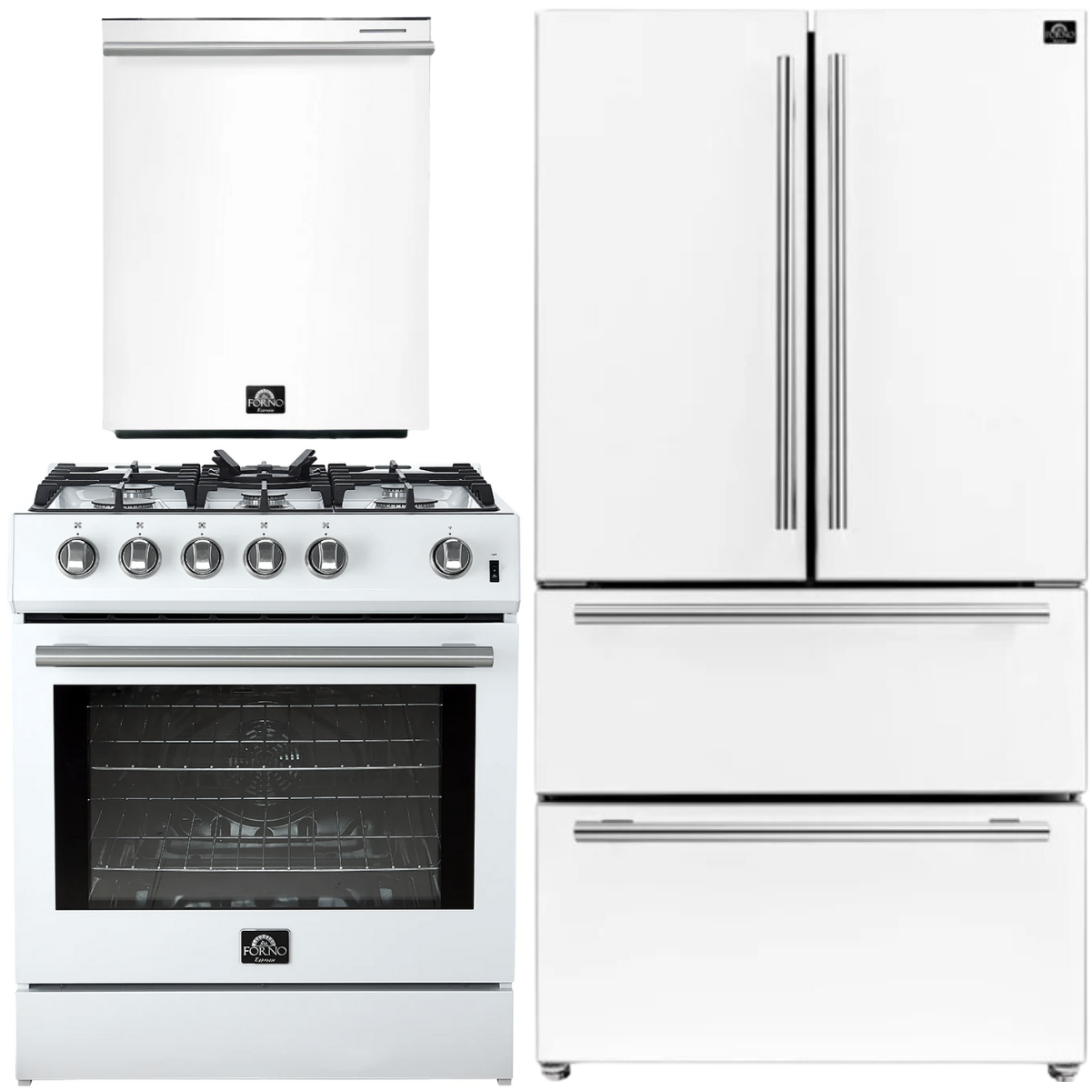 FORNO Espresso Package - 30" Gas Range, 36" Refrigerator with Ice Maker and Dishwasher in White with Stainless Steel Accents