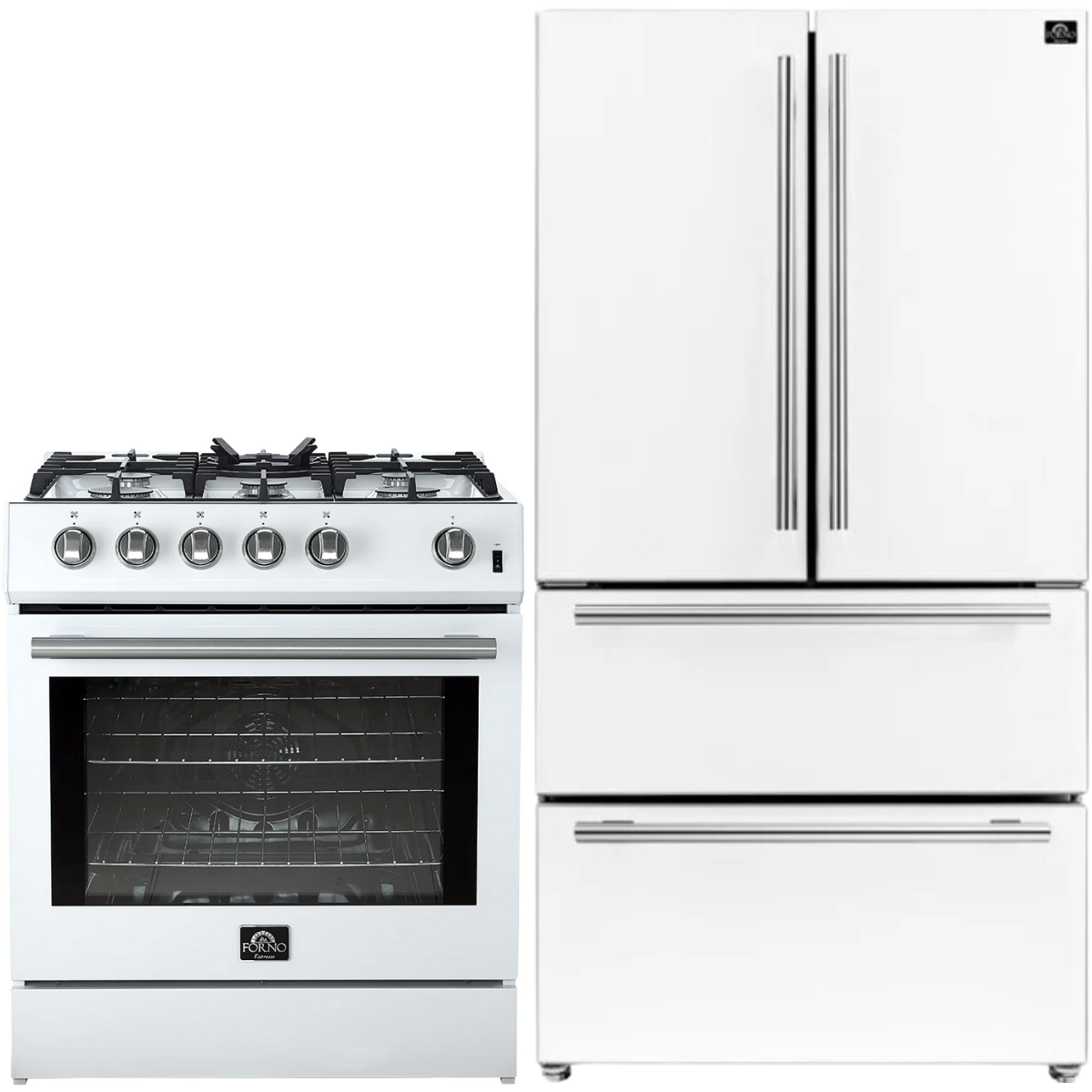 FORNO Espresso Package - 30" Gas Range and 36" Refrigerator with Ice Maker in White with Stainless Steel Accents