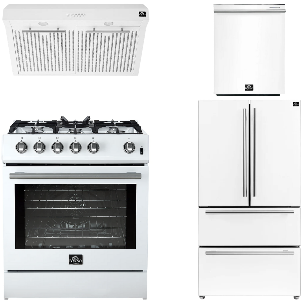 FORNO Espresso Package - 30" Gas Range, Range Hood, 36" Refrigerator with Ice Maker and Dishwasher in White with Stainless Steel Accents