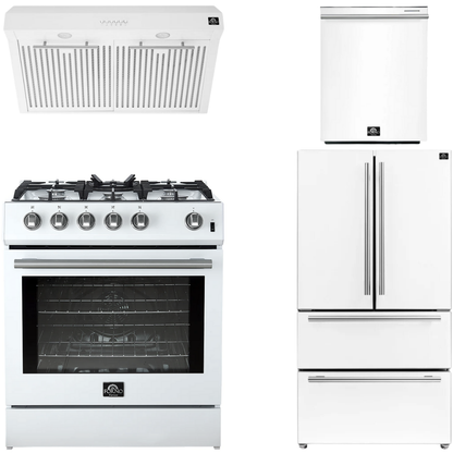 FORNO Espresso Package - 30" Gas Range, Range Hood, 36" Refrigerator with Ice Maker and Dishwasher in White with Stainless Steel Accents