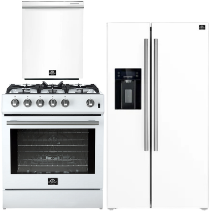 FORNO Espresso Package - 30" Gas Range, 36" Refrigerator with Water and Ice Dispenser and Dishwasher in White with Stainless Steel Accents
