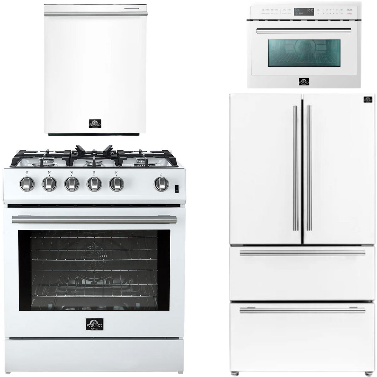 FORNO Espresso Package - 30" Gas Range, 36" Refrigerator with Ice Maker, Dishwasher and 24" Microwave Oven in White with Stainless Steel Accents