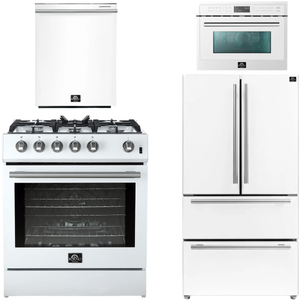 FORNO Espresso Package - 30" Gas Range, 36" Refrigerator with Ice Maker, Dishwasher and 24" Microwave Oven in White with Stainless Steel Accents