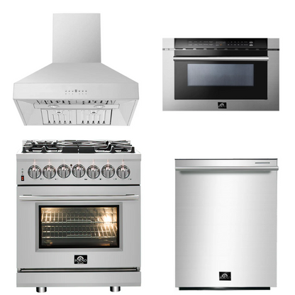 FORNO Appliance Package - 30" Dual Fuel Range, 30" Range Hood, Dishwasher, Microwave Drawer, AP-FFSGS6125-30-W-6