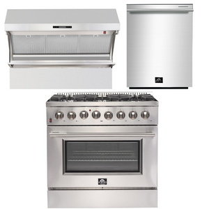 FORNO Appliance Package - 36 Inch Dual Fuel Range, Wall Mount Range Hood, Dishwasher, AP-FFSGS6156-36-2