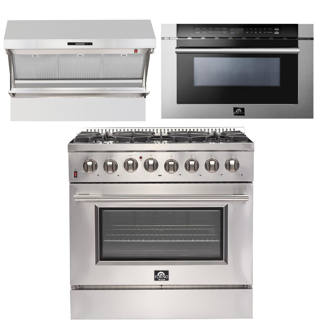 FORNO Appliance Package - 36 Inch Dual Fuel Range, Wall Mount Range Hood, Microwave Drawer, AP-FFSGS6156-36-3