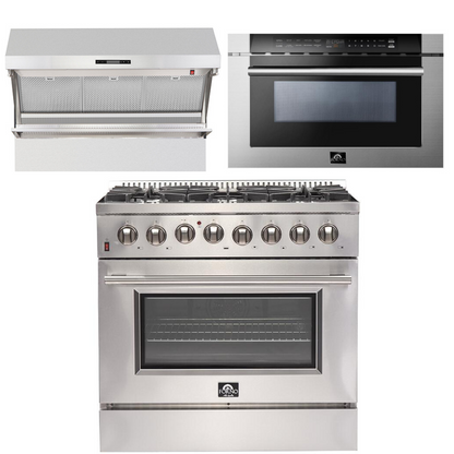 FORNO Appliance Package - 36 Inch Dual Fuel Range, Wall Mount Range Hood, Microwave Drawer, AP-FFSGS6156-36-3