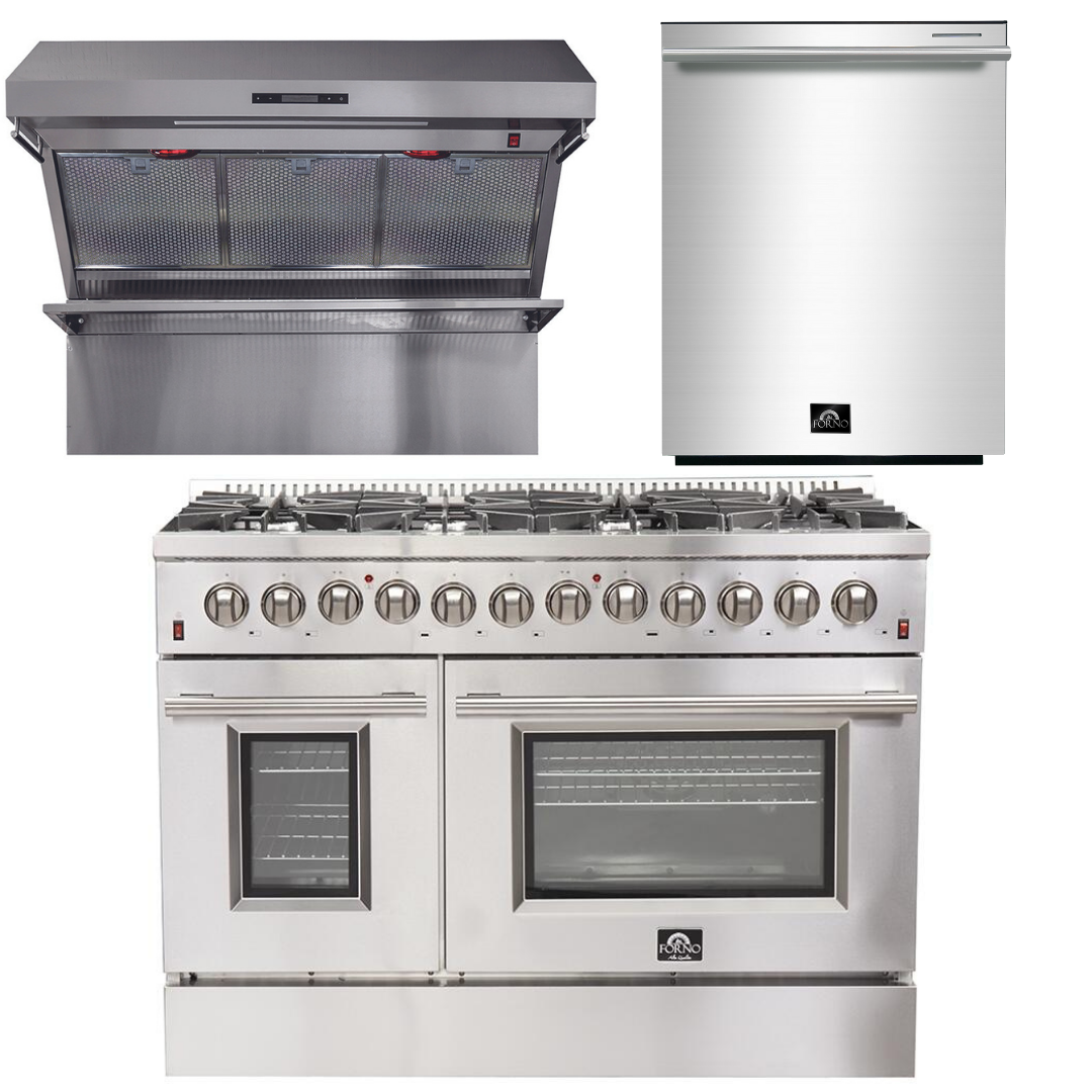 FORNO Appliance Package - 48 Inch Dual Fuel Range, Wall Mount Range Hood, Dishwasher, AP-FFSGS6156-48-2