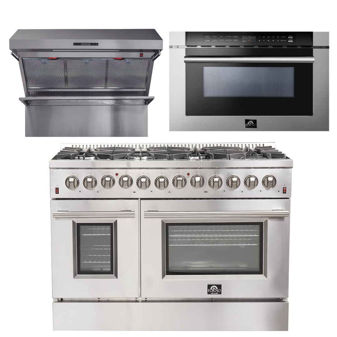 FORNO Appliance Package - 48 Inch Dual Fuel Range, Wall Mount Range Hood, Microwave Drawer, AP-FFSGS6156-48-3
