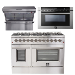 FORNO Appliance Package - 48 Inch Dual Fuel Range, Wall Mount Range Hood, Microwave Drawer, AP-FFSGS6156-48-3