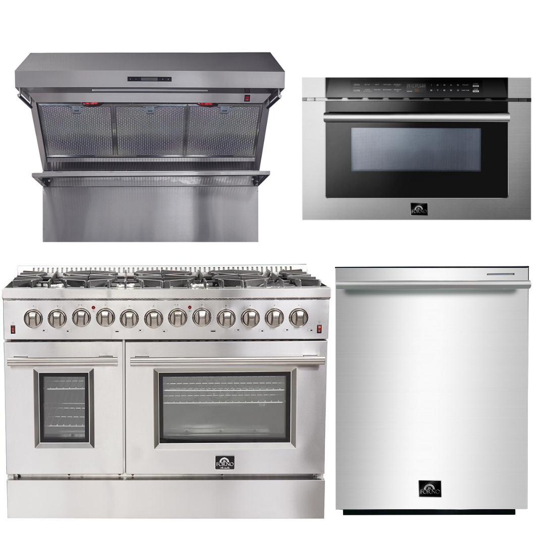 FORNO Appliance Package - 48 Inch Dual Fuel Range, Wall Mount Range Hood, Microwave Drawer, Dishwasher, AP-FFSGS6156-48-6