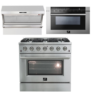 FORNO Appliance Package - 36 Inch Gas Range, Wall Mount Range Hood, Microwave Drawer, AP-FFSGS6244-36-3