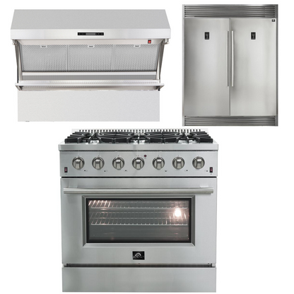 FORNO Appliance Package - 36 Inch Gas Range, Wall Mount Range Hood, 60 Inch Refrigerator, AP-FFSGS6244-36-4