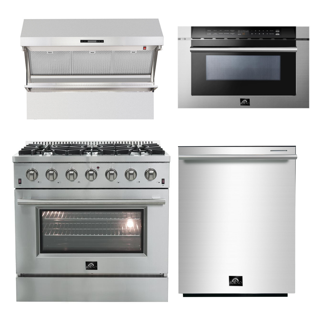 FORNO Appliance Package - 36 Inch Gas Range, Wall Mount Range Hood, Microwave Drawer, Dishwasher, AP-FFSGS6244-36-6