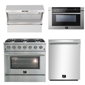 FORNO Appliance Package - 36 Inch Gas Range, Wall Mount Range Hood, Microwave Drawer, Dishwasher, AP-FFSGS6244-36-6