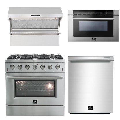 FORNO Appliance Package - 36 Inch Gas Range, Wall Mount Range Hood, Microwave Drawer, Dishwasher, AP-FFSGS6244-36-6