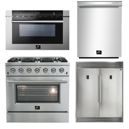 FORNO Appliance Package - 36 Inch Gas Range, 60 Inch Refrigerator, Microwave Drawer, Dishwasher, AP-FFSGS6244-36-7