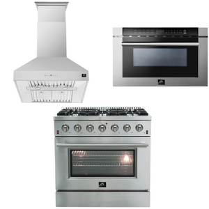 FORNO Appliance Package - 36 Inch Gas Range, Wall Mount Range Hood, Microwave Drawer, AP-FFSGS6244-36-W-3