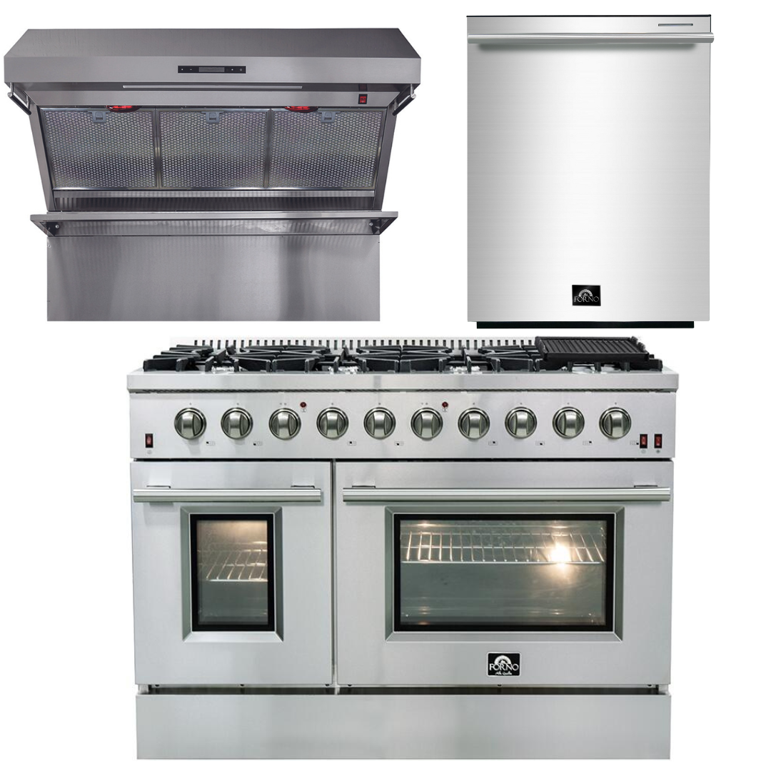 FORNO Appliance Package - 48 Inch Gas Range, Wall Mount Range Hood, Dishwasher, AP-FFSGS6244-48-2