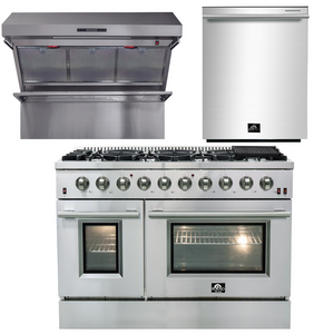 FORNO Appliance Package - 48 Inch Gas Range, Wall Mount Range Hood, Dishwasher, AP-FFSGS6244-48-2