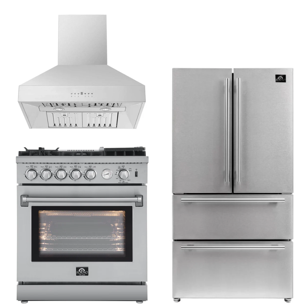 FORNO Appliance Package - 30" Gas Range with Airfryer, Range Hood, 36" Refrigerator, AP-FFSGS6276-30-10
