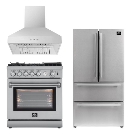 FORNO Appliance Package - 30" Gas Range with Airfryer, Range Hood, 36" Refrigerator, AP-FFSGS6276-30-10