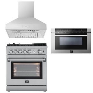 FORNO Appliance Package - 30" Gas Range, 30" Range Hood, Microwave Drawer, AP-FFSGS6276-30-W-3
