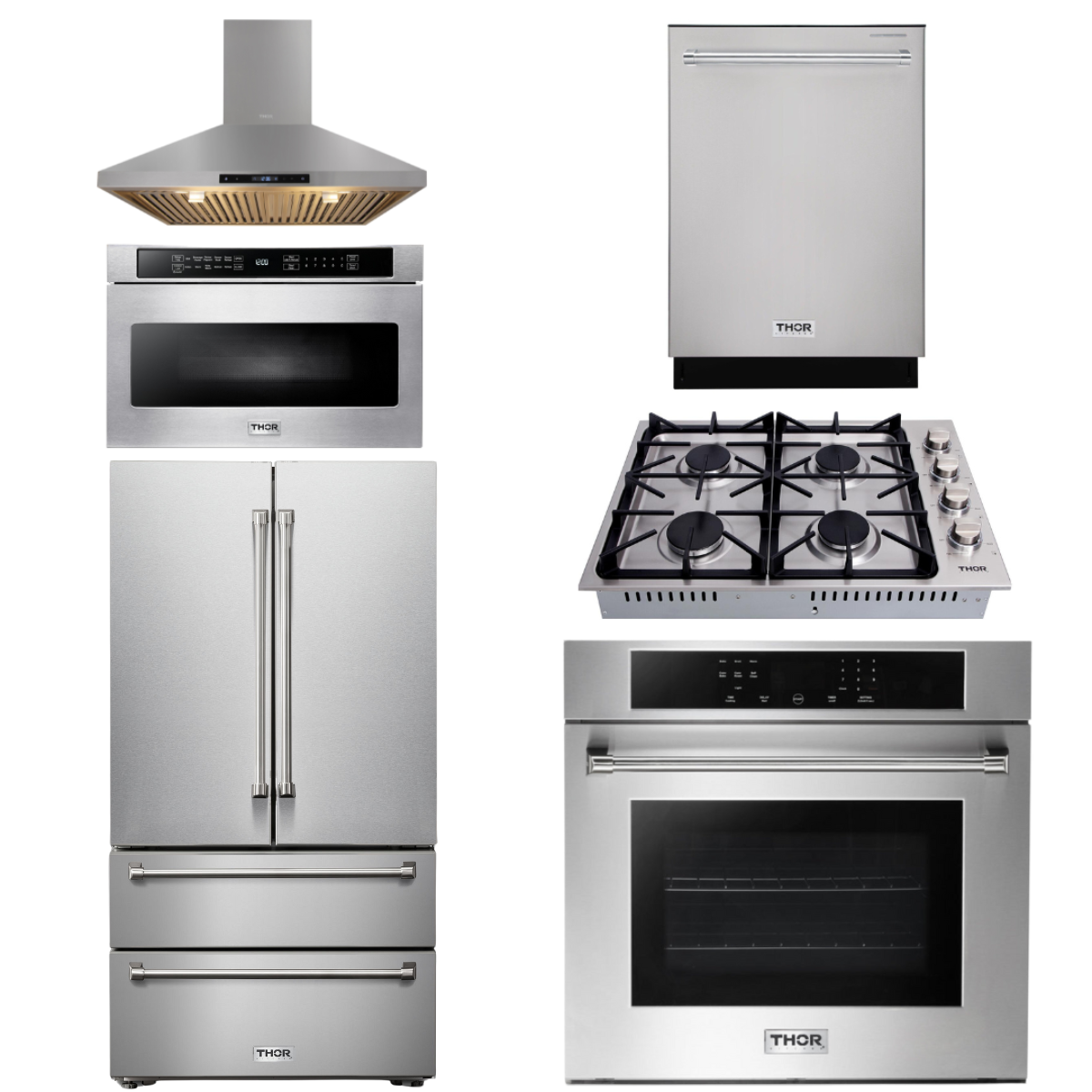 THOR Kitchen Package - 30" Wall Oven, Cooktop, Range Hood, Refrigerator, Dishwasher, Microwave, AP-HEW3001-DC-30-4