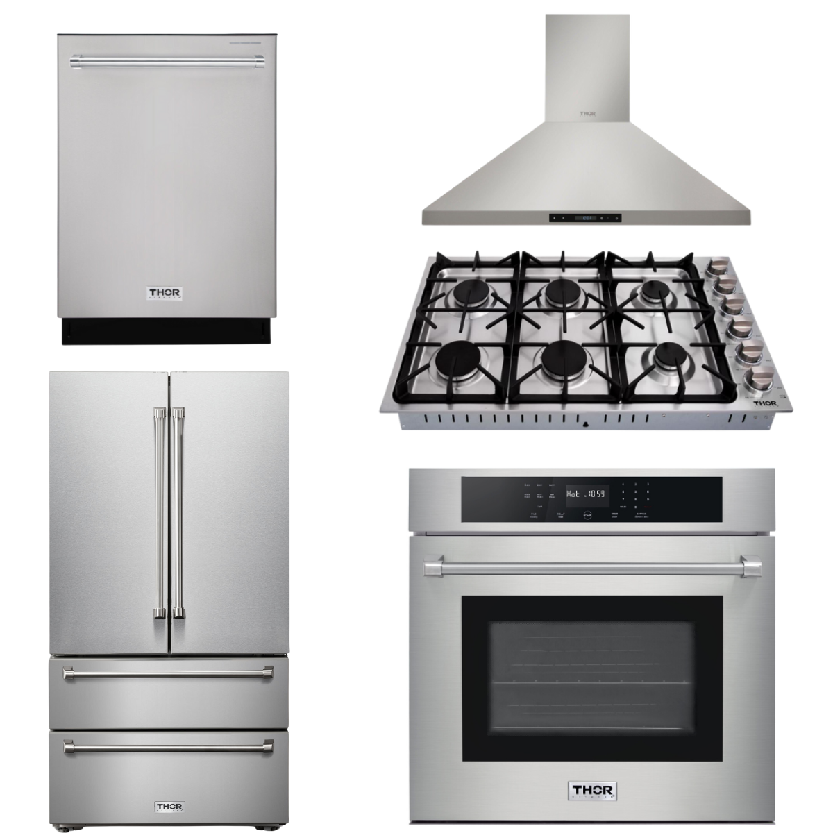 THOR Kitchen Package - 30" Wall Oven, 36" Cooktop, Range Hood, Refrigerator, Dishwasher, AP-HEW3001-DC-36-2