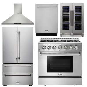 THOR Kitchen Package - 36" Dual Fuel Range, Range Hood, Refrigerator, Dishwasher, Wine Cooler, AP-HRD3606U-4