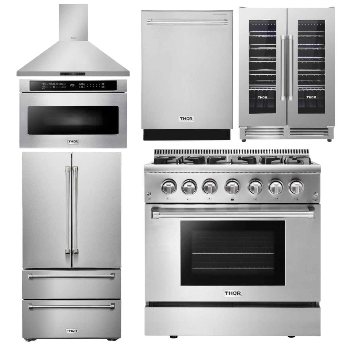 THOR Kitchen Package - 36" Dual Fuel Range, Range Hood, Microwave, Refrigerator, Dishwasher, Wine Cooler, AP-HRD3606U-8