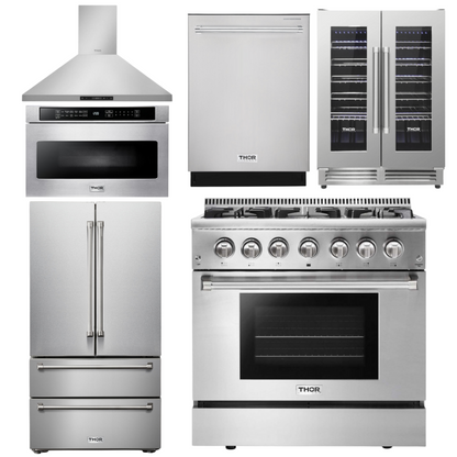 THOR Kitchen Package - 36" Dual Fuel Range, Range Hood, Microwave, Refrigerator, Dishwasher, Wine Cooler, AP-HRD3606U-8