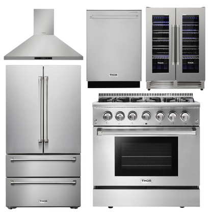 THOR Kitchen Package - 36" Propane Dual Fuel Range, Range Hood, Refrigerator, Dishwasher, Wine Cooler, AP-HRD3606ULP-4