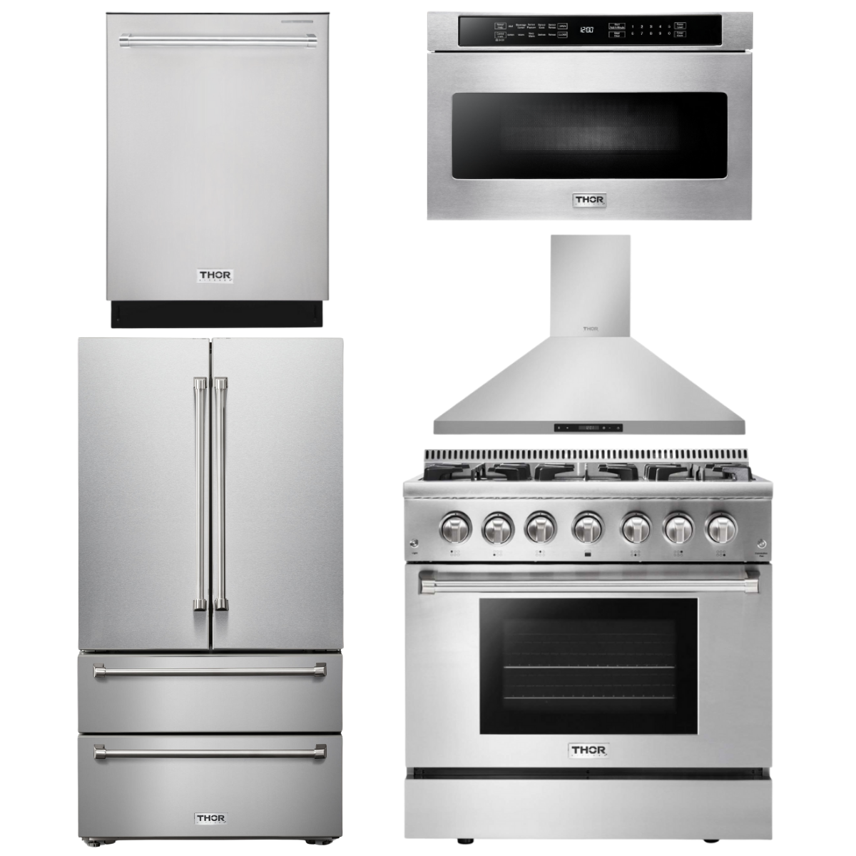 THOR Kitchen Package - 36" Propane Dual Fuel Range, Range Hood, Microwave, Refrigerator, Dishwasher, AP-HRD3606ULP-7