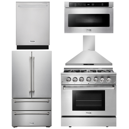 THOR Kitchen Package - 36" Propane Dual Fuel Range, Range Hood, Microwave, Refrigerator, Dishwasher, AP-HRD3606ULP-7