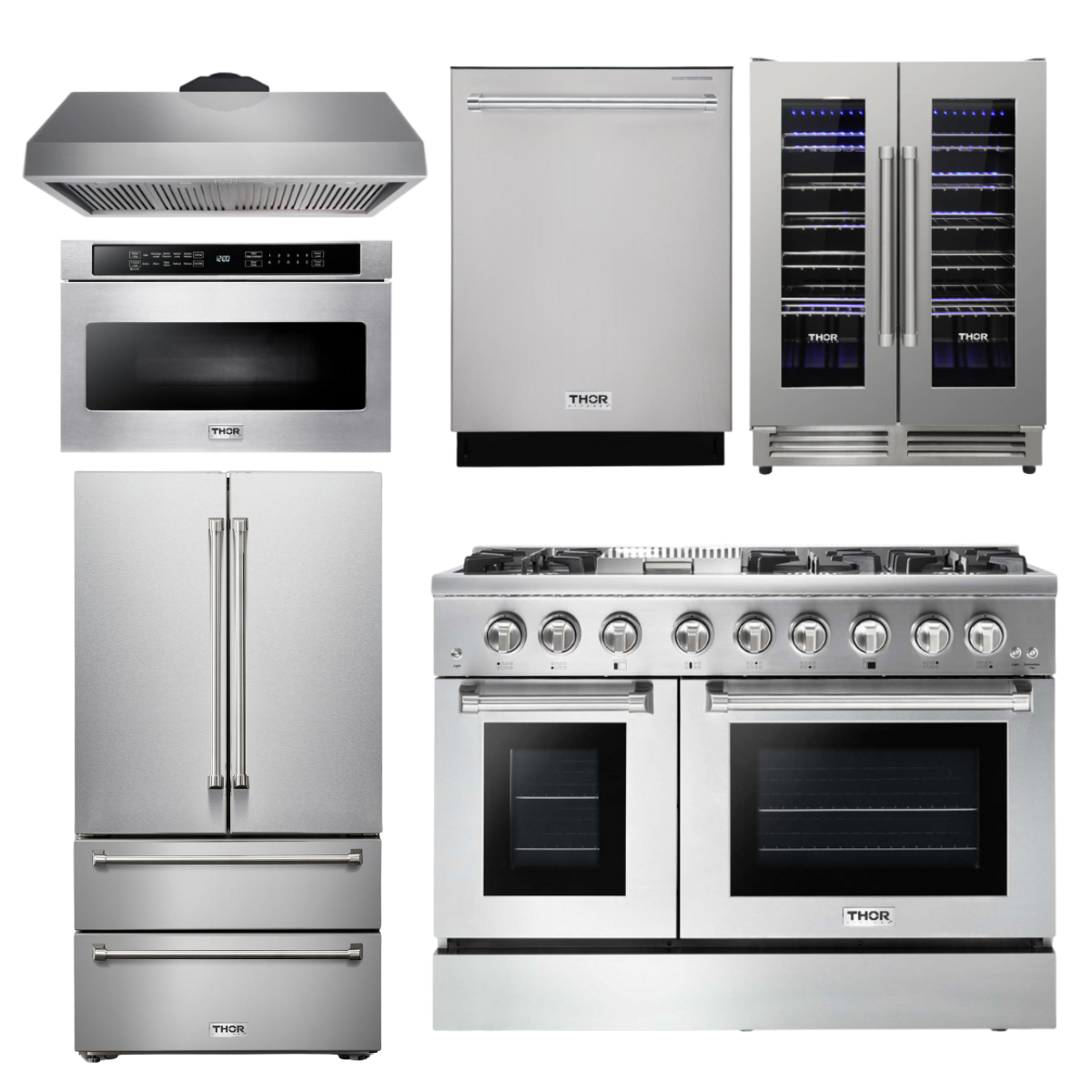 THOR Kitchen Package - 48" Dual Fuel Range, Range Hood, Refrigerator, Dishwasher, Microwave, Wine Cooler, AP-HRD4803U-8