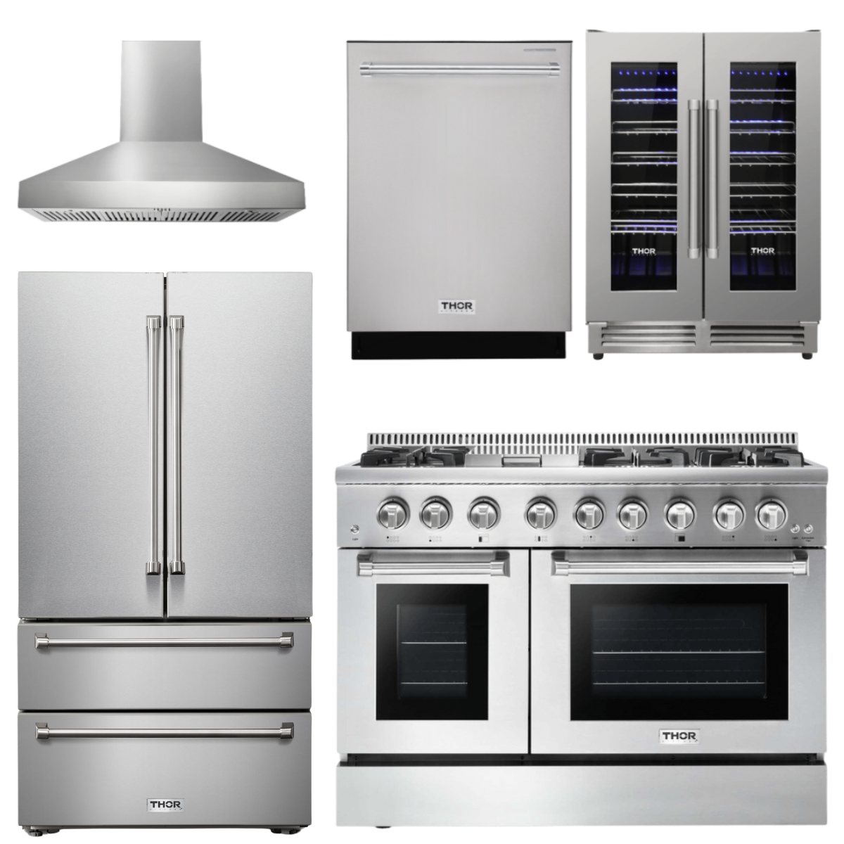 THOR Kitchen Package - 48 Inch Dual Fuel Range, Range Hood, Refrigerator, Dishwasher, Wine Cooler, AP-HRD4803U-W-3