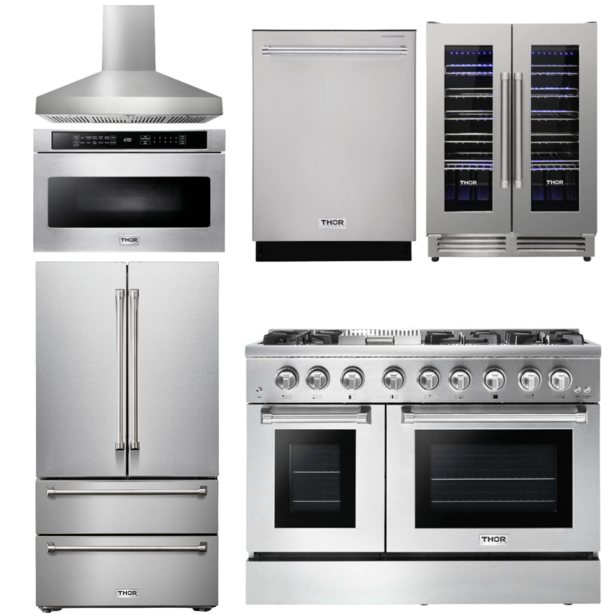 THOR Kitchen Package - 48" Dual Fuel Range, Range Hood, Refrigerator, Dishwasher, Microwave, Wine Cooler, AP-HRD4803U-W-6