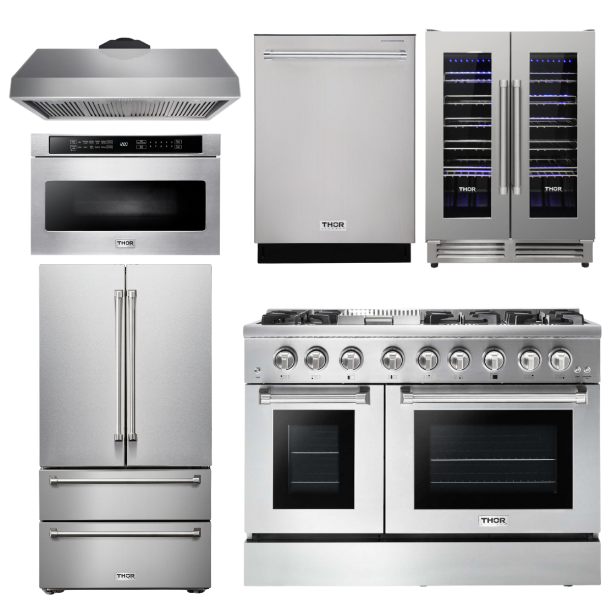 THOR Kitchen Package - 48" Propane Dual Fuel Range, Range Hood, Refrigerator, Dishwasher, Microwave, Wine Cooler
