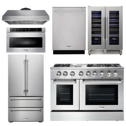 THOR Kitchen Package - 48" Propane Dual Fuel Range, Range Hood, Refrigerator, Dishwasher, Microwave, Wine Cooler