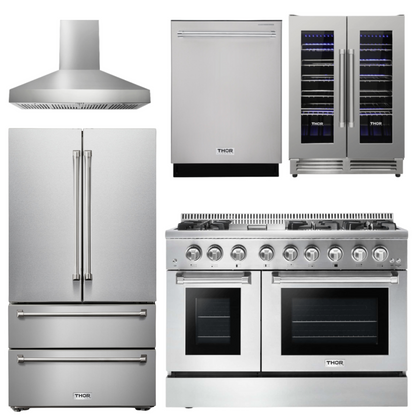 THOR Kitchen Package - 48" Dual Fuel Range, Range Hood, Refrigerator, Dishwasher, Wine Cooler, AP-HRD4803ULP-W-3