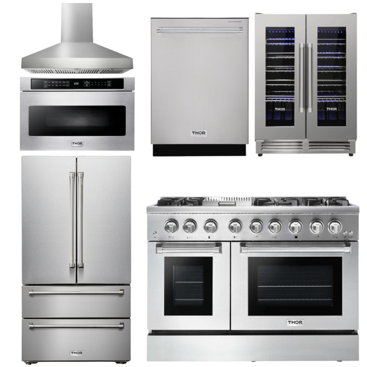 THOR Kitchen Package - 48" Dual Fuel Range, Range Hood, Refrigerator, Dishwasher, Microwave, Wine Cooler, AP-HRD4803ULP-W-6