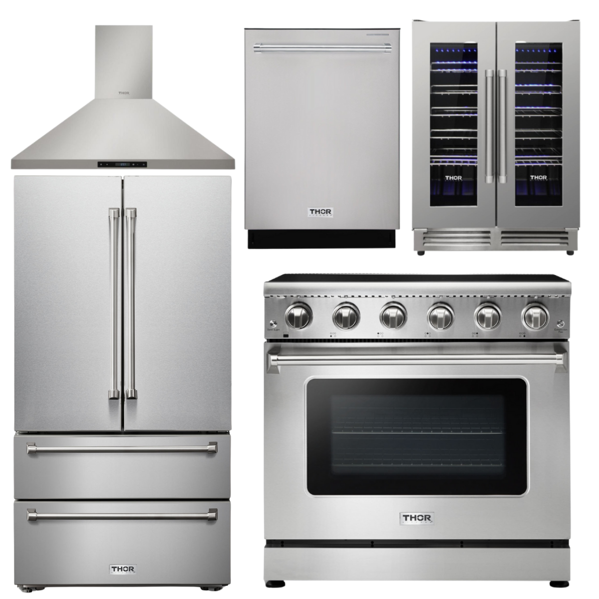 THOR Kitchen Package - 36" Electric Range, Range Hood, Refrigerator, Dishwasher, Wine Cooler, AP-HRE3601-4