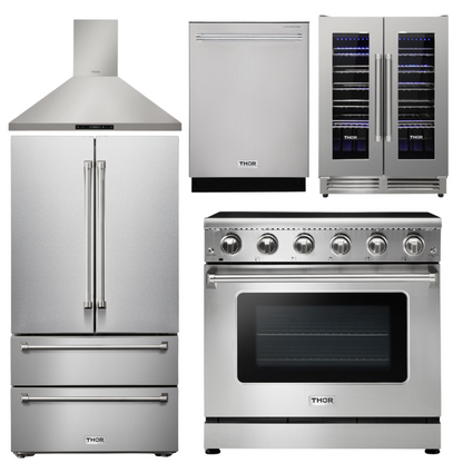 THOR Kitchen Package - 36" Electric Range, Range Hood, Refrigerator, Dishwasher, Wine Cooler, AP-HRE3601-4