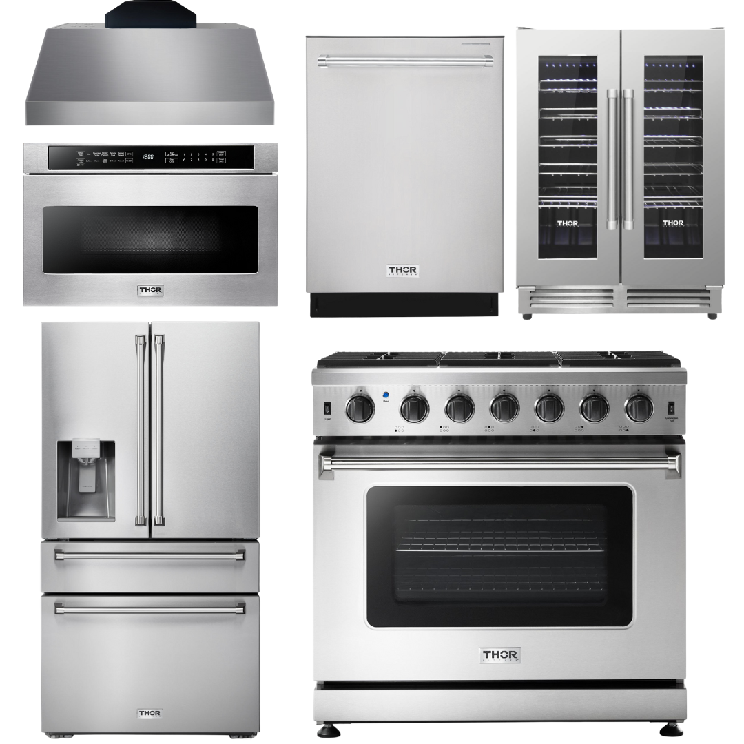 THOR Kitchen Package - 36" Electric Range, Range Hood, Microwave, Refrigerator with Water and Ice Dispenser, Dishwasher, Wine Cooler, AP-HRE3601-C-10