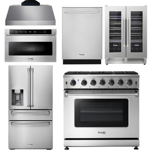 THOR Kitchen Package - 36" Electric Range, Range Hood, Microwave, Refrigerator with Water and Ice Dispenser, Dishwasher, Wine Cooler, AP-HRE3601-C-10